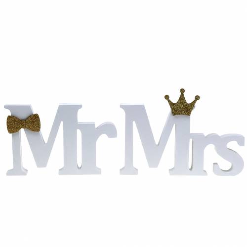 Floristik24 Letras decorativas Mr &amp; Mrs madera blanca, oro clasificado H11/13,cm juego de 4