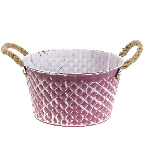 Cuenco de zinc diamante con asas de cuerda púrpura blanco lavado Ø24.5cm H14cm