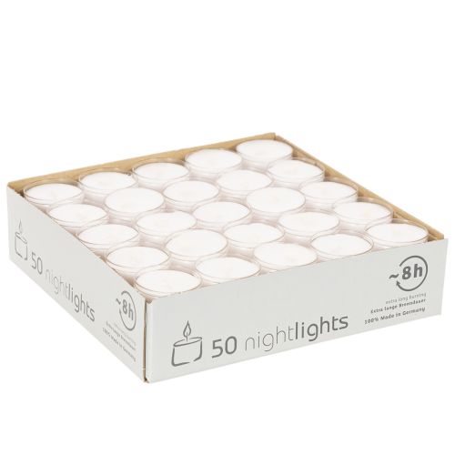 Velas nocturnas tipo té, blancas, en bandeja de plástico, 8 horas de duración, 50 unidades. | Floristik24.es