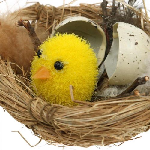 Artículo Decoración de Pascua pollitos en el nido con plumas Decoración de mesa Nido de Pascua Ø9cm