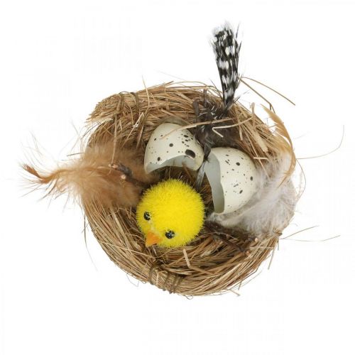 Artículo Decoración de Pascua pollitos en el nido con plumas Decoración de mesa Nido de Pascua Ø9cm