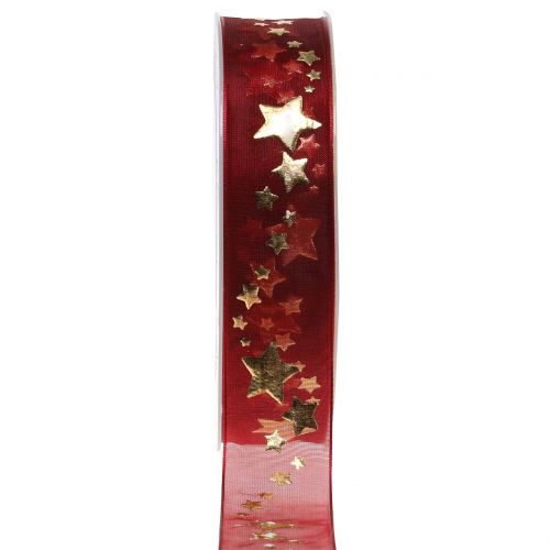 Floristik24 Cinta decorativa de organza con motivo de estrella rojo oscuro 25mm 20m