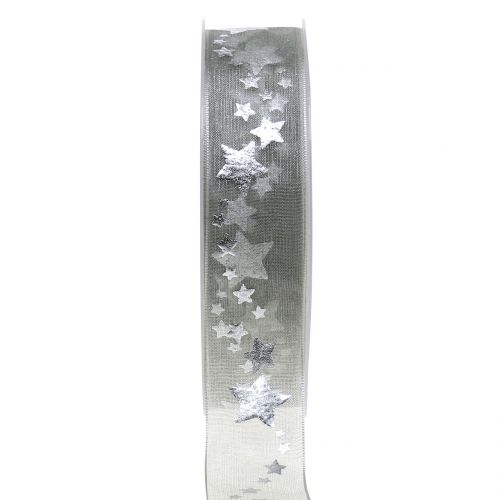 Floristik24 Cinta decorativa organza con motivo estrella gris 25mm 20m
