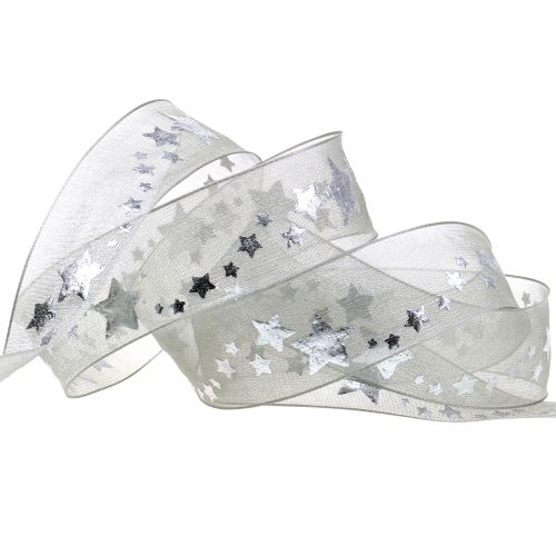 Floristik24 Cinta decorativa organza con motivo estrella gris 25mm 20m