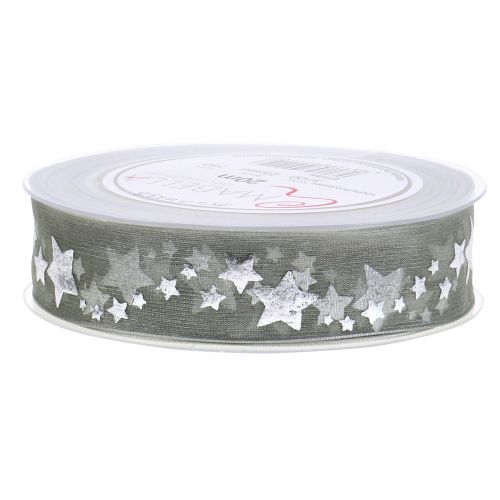Floristik24 Cinta decorativa organza con motivo estrella gris 25mm 20m