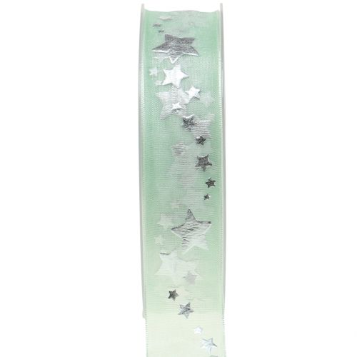 Floristik24 Cinta decorativa organza con motivo estrella verde claro 25mm 20m