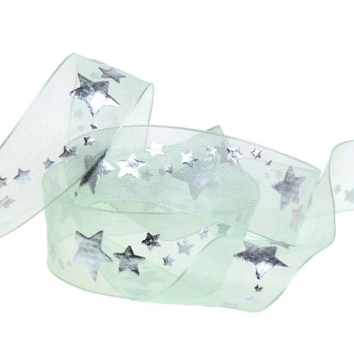 Floristik24 Cinta decorativa organza con motivo estrella verde claro 25mm 20m