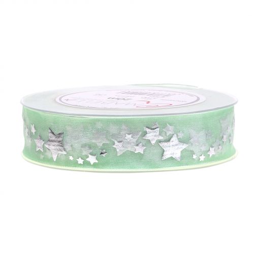 Floristik24 Cinta decorativa organza con motivo estrella verde claro 25mm 20m