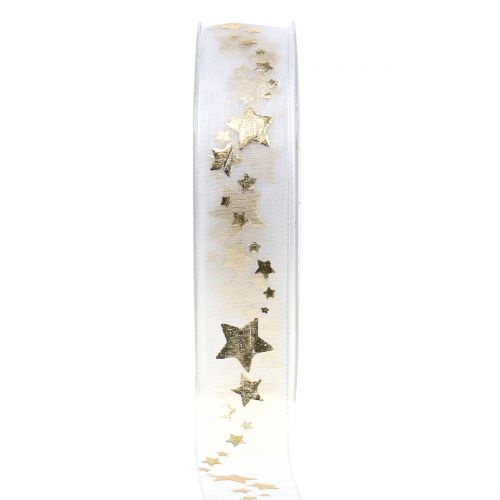 Floristik24 Cinta decorativa organza con motivo estrella blanco 25mm 20m