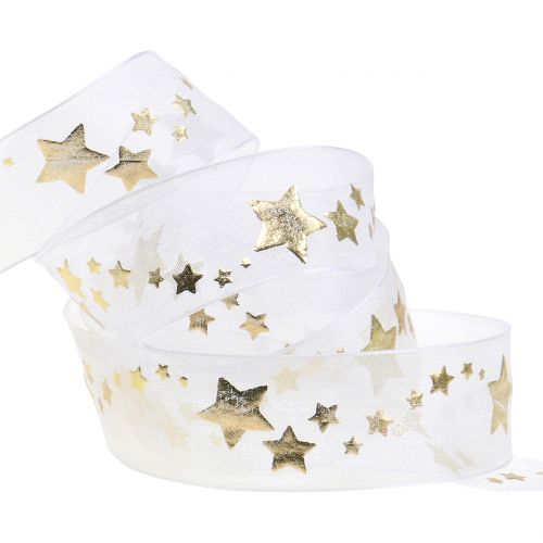 Floristik24 Cinta decorativa organza con motivo estrella blanco 25mm 20m
