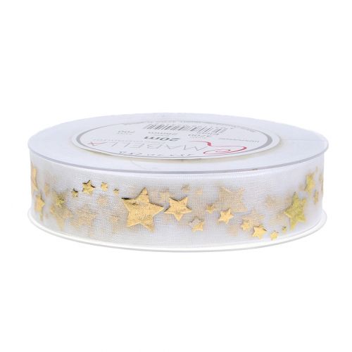 Floristik24 Cinta decorativa organza con motivo estrella blanco 25mm 20m
