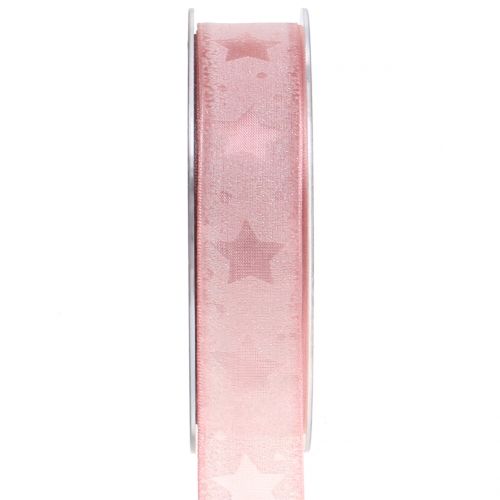 Floristik24 Cinta de organza con motivo estrella rosa 25mm 15m