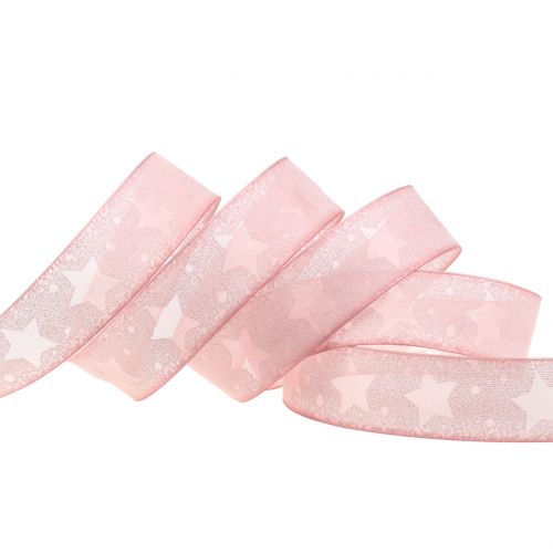 Floristik24 Cinta de organza con motivo estrella rosa 25mm 15m