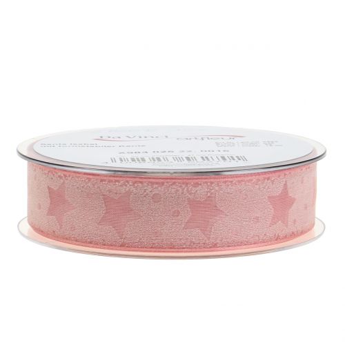 Floristik24 Cinta de organza con motivo estrella rosa 25mm 15m