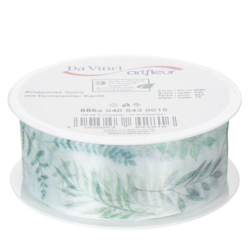 Artículo Cinta de organza, cinta de gasa, ramas frondosas, verde, 40 mm, 15 m