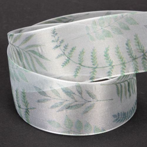 Artículo Cinta de organza, cinta de gasa, ramas frondosas, verde, 40 mm, 15 m