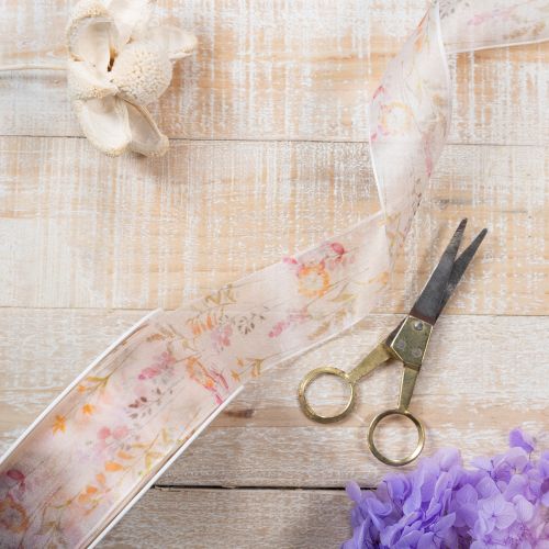 Artículo Cinta de organza, cinta de gasa, floral, naranja/rosa, 40 mm, 15 m