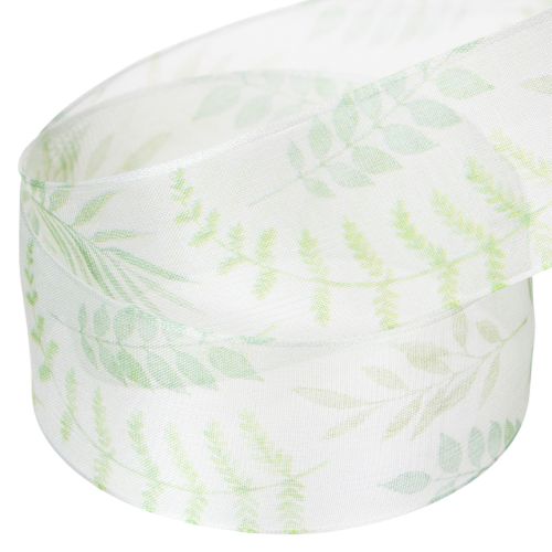 Artículo Cinta de organza, cinta de gasa, verde con zarcillos de hojas, 40 mm de ancho, 15 m de largo