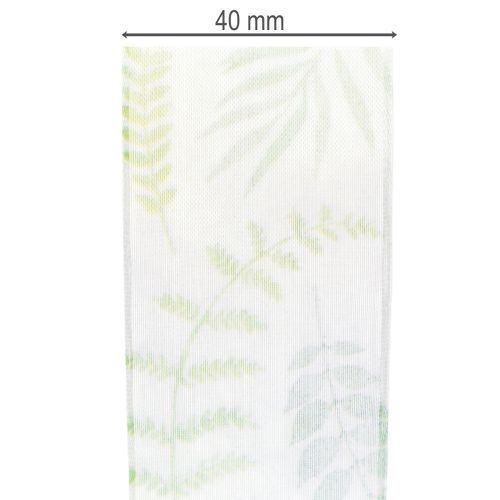 Artículo Cinta de organza, cinta de gasa, verde con zarcillos de hojas, 40 mm de ancho, 15 m de largo