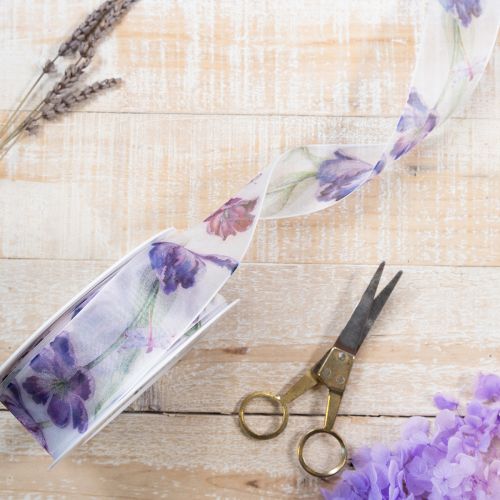 Artículo Cinta de organza, cinta de gasa, tulipanes loro, morado, 40 mm, 18 m