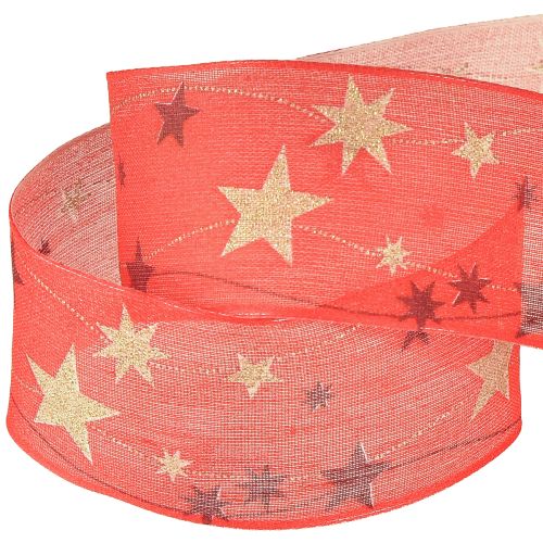 Artículo Cinta navideña cinta roja con estrellas borde de alambre 40mm 15m