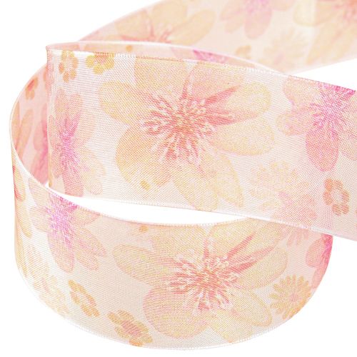 Artículo Cinta de organza con flores cinta de regalo albaricoque 40mm 15m