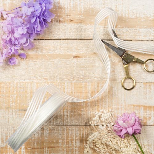 Artículo Cinta de organza a rayas, cinta de regalo, blanca, 15 mm, 20 m