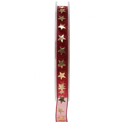 Floristik24 Cinta de organza rojo oscuro con estrellas doradas 10mm 20m