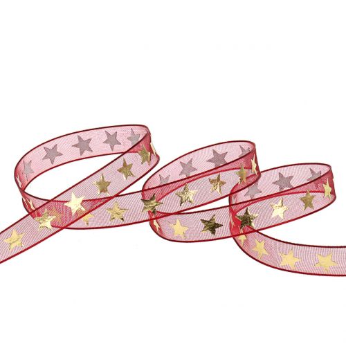 Artículo Cinta de organza rojo oscuro con estrellas doradas 10mm 20m