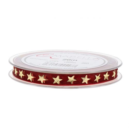 Floristik24 Cinta de organza rojo oscuro con estrellas doradas 10mm 20m