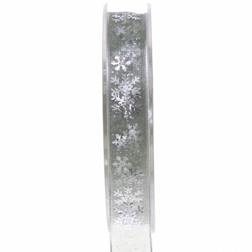 Floristik24 Cinta de organza con copo de nieve gris 15mm 20m