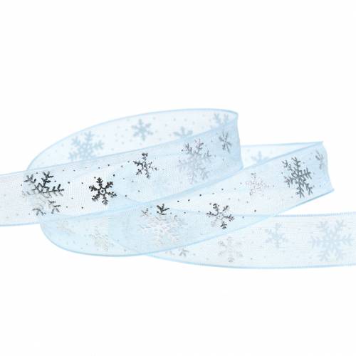 Floristik24 Cinta de organza con copo de nieve azul claro 15mm 20m
