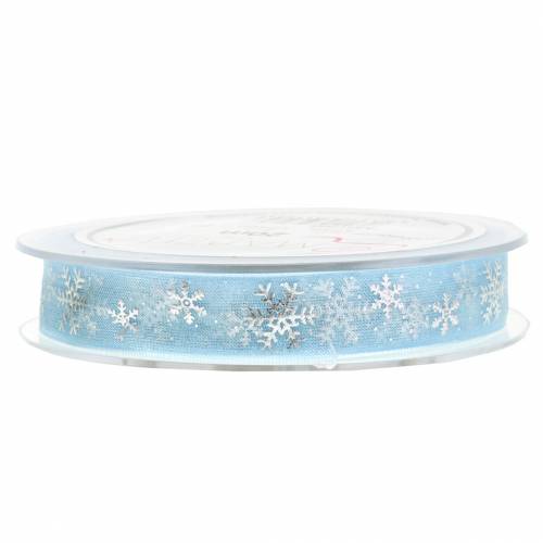 Floristik24 Cinta de organza con copo de nieve azul claro 15mm 20m