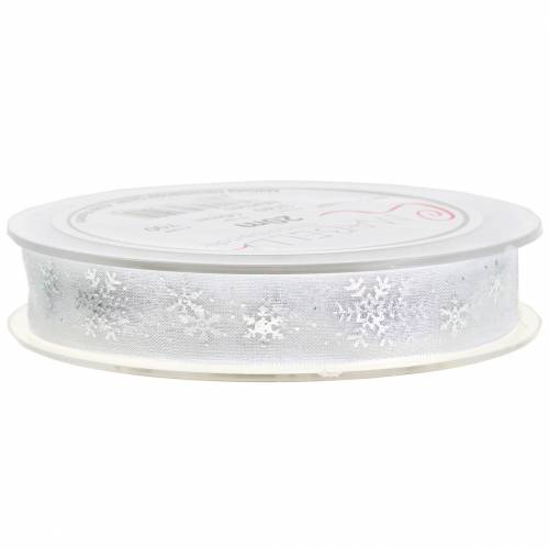 Floristik24 Cinta de organza con copo de nieve blanco 15mm 20m