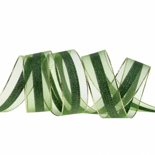 Floristik24 Cinta de organza con estampado de rayas verde 25mm 20m
