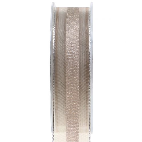 Floristik24 Cinta de organza con estampado de rayas marrón 25mm 20m