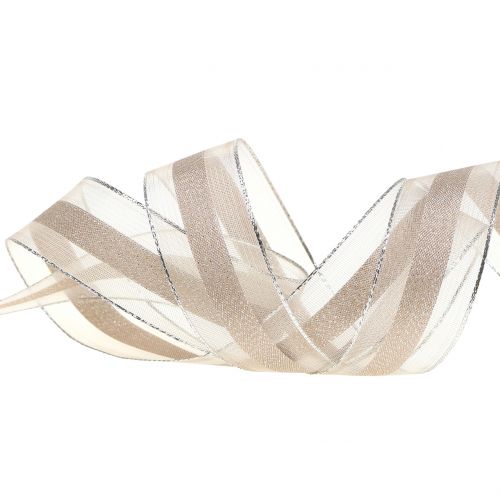 Floristik24 Cinta de organza con estampado de rayas marrón 25mm 20m