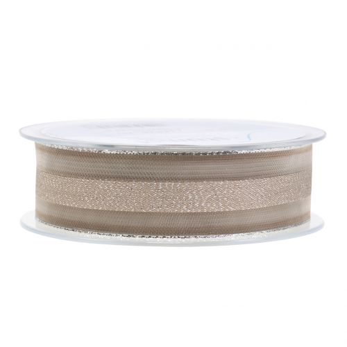 Floristik24 Cinta de organza con estampado de rayas marrón 25mm 20m