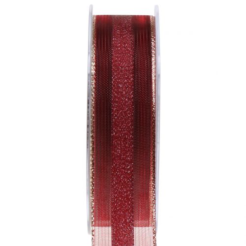 Floristik24 Cinta de organza con estampado de rayas rojo oscuro 25mm 20m