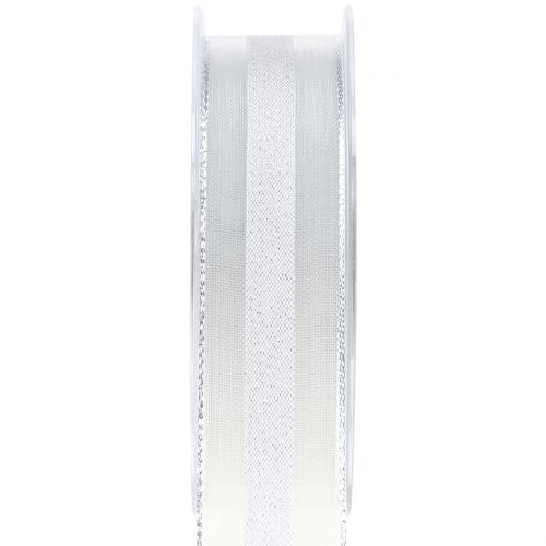 Floristik24 Cinta de organza con estampado de rayas blanco 25mm 20m