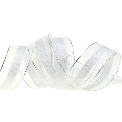 Floristik24 Cinta de organza con estampado de rayas blanco 25mm 20m