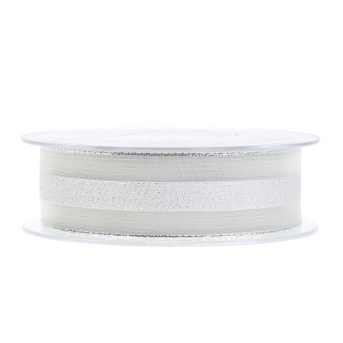 Floristik24 Cinta de organza con estampado de rayas blanco 25mm 20m