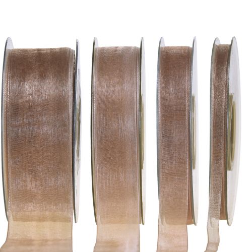 Cinta de organza para regalo, cinta beige con orillo color topo, 50 m