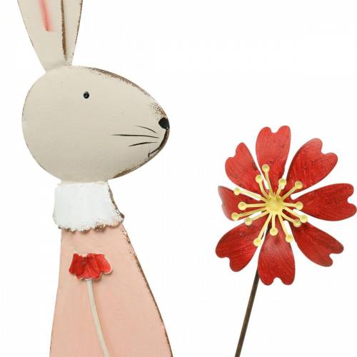 Artículo Decoración de Pascua, conejito de metal, decoración de primavera, conejito de Pascua con flor 61cm