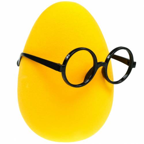 Floristik24 Huevo de Pascua amarillo con gafas, huevo decorativo flocado, decoración de Pascua