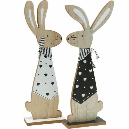 Conejito de Pascua soporte blanco y negro decoración de Pascua conejito de madera figura juego de 2