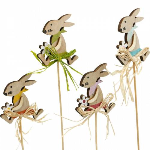 Artículo Conejito de Pascua con flor, decoración de conejito para Pascua, conejito en un palo, resorte, enchufe de flor de decoración de madera 12 piezas