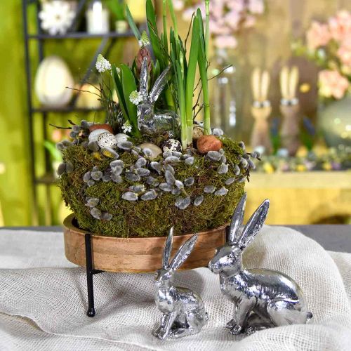 Floristik24 Conejito de pascua sentado figura conejito plata decoración mesa Pascua 16,5cm