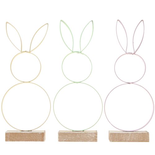Artículo Conejito de Pascua Decoración Metal Madera Amarillo Menta Rosa H21cm 3 Piezas