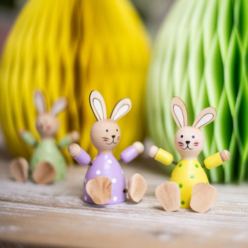 Artículo Conejitos de Pascua de madera de colores, decoración de mesa con puntos, H8cm, 4 piezas